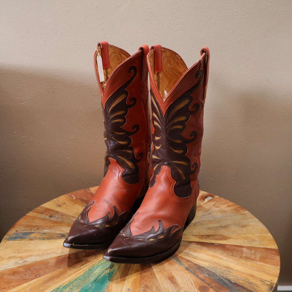 Red Orange & Brown Butterfly Design Cowboy Boots
