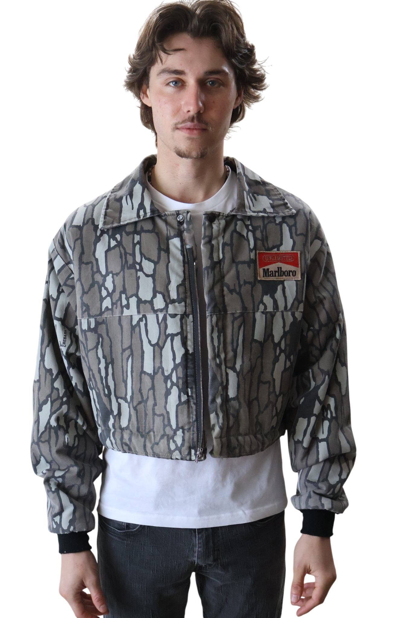 Camo Marlboro Patch and Print Cropped Coverall Jacket
